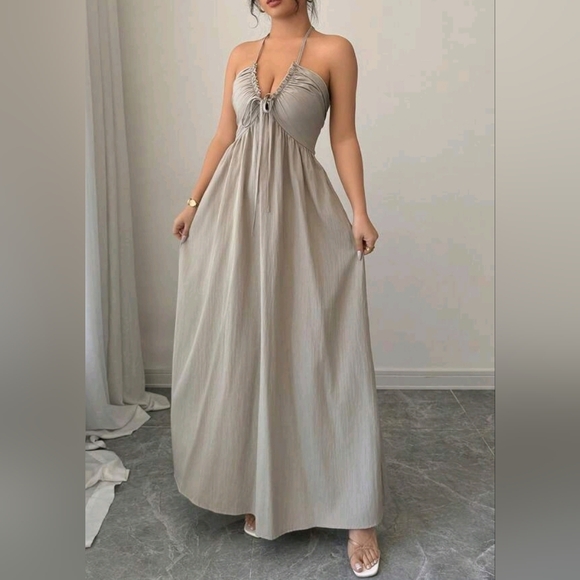 New Boho Tie Back Halter Maxi Dress Gray Taupe - Picture 5 of 8